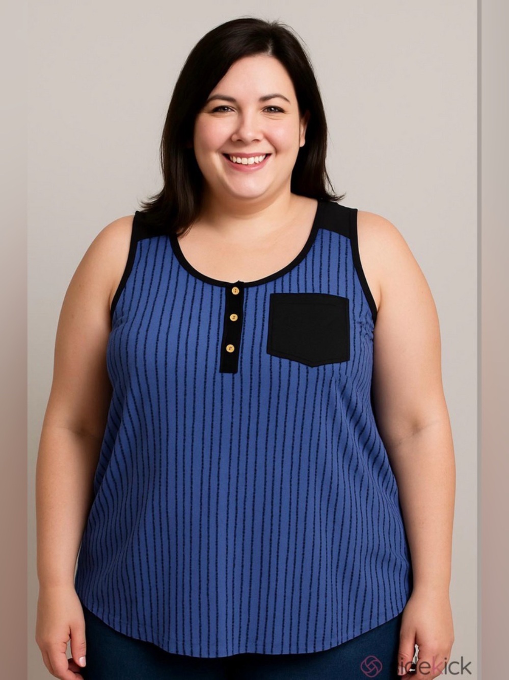 SHEIN Curve Blue Broken Striped Henley Tank Top Pocket Plus Size 2XL EUC